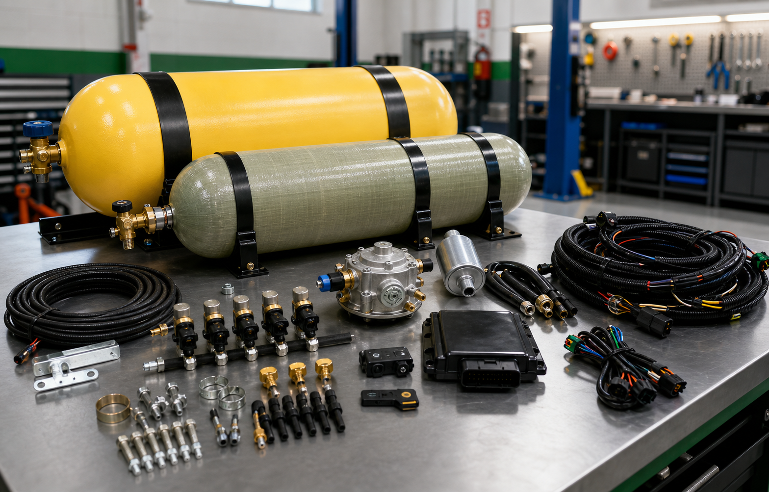 Kit GNV com cilindros e componentes em bancada